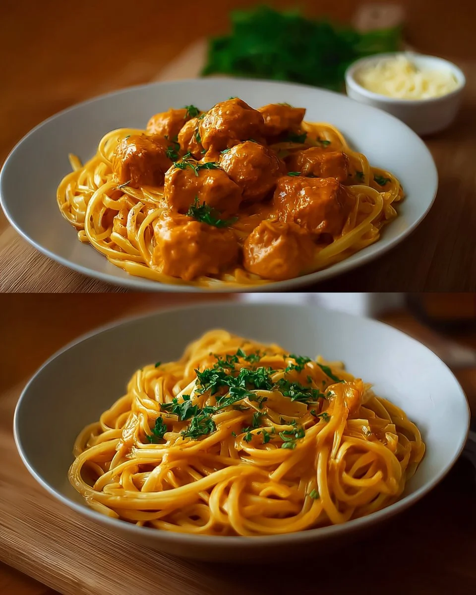 Cowboy Butter Chicken Linguine dish garnished and ready to serve
