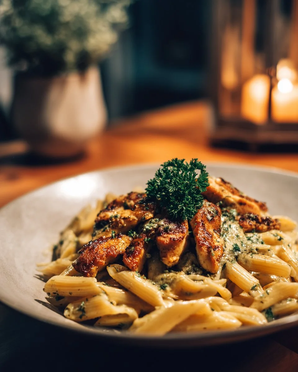 Creamy Crack Chicken Penne pasta dish with herbs and chicken.