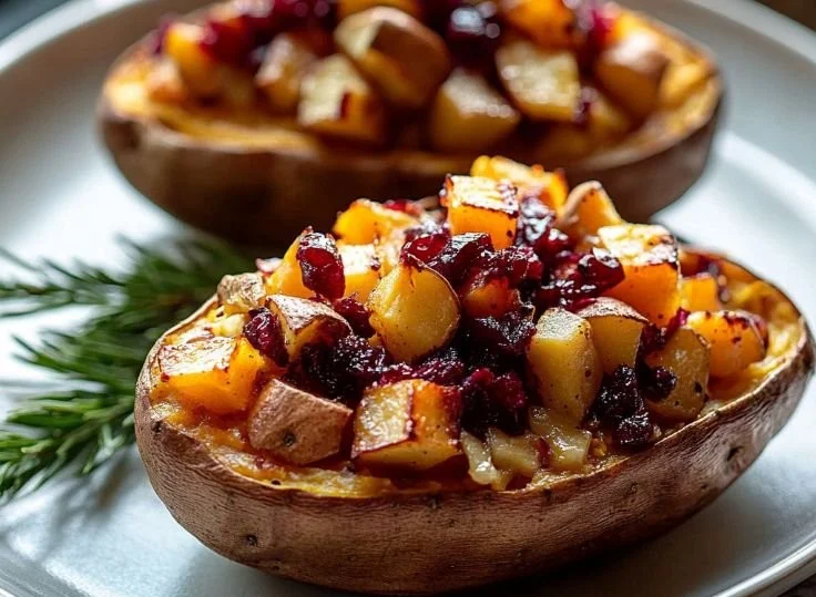 Cranberry Apple Twice-Baked Sweet Potatoes topped with seasonal garnishes