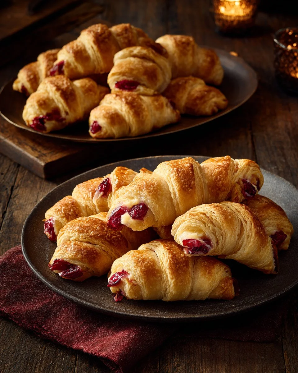 Savory cranberry cream cheese crescent bites arranged on a platter.