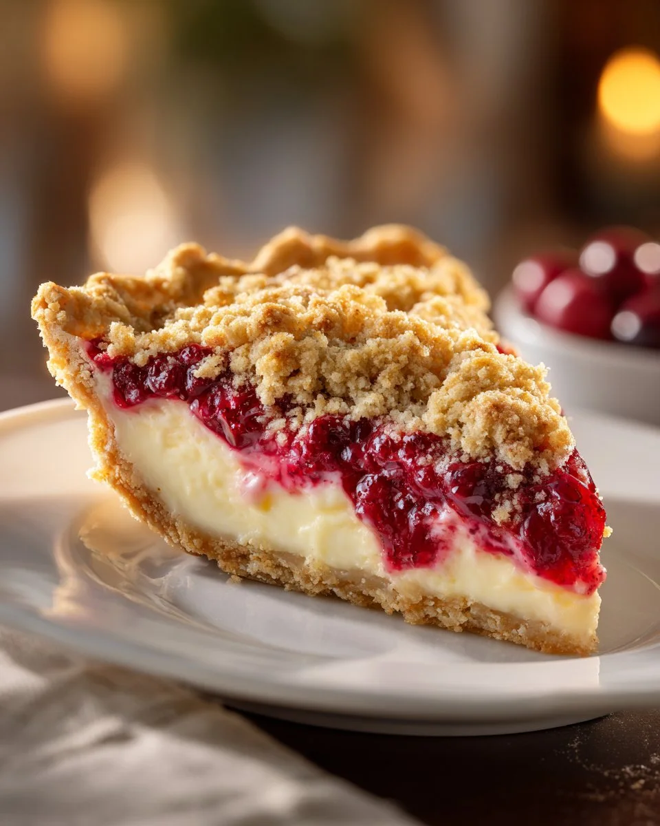 Cranberry Cream Cheese Crumb Pie with a golden-brown topping