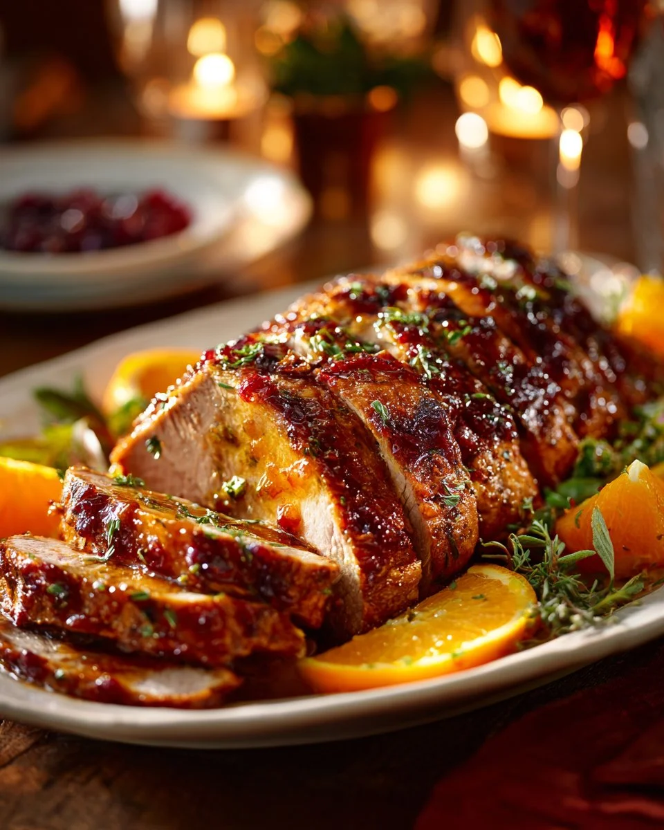 Cranberry Orange Glazed Turkey Breast 1 Cranberry Orange Glazed Turkey Breast garnished with fresh herbs