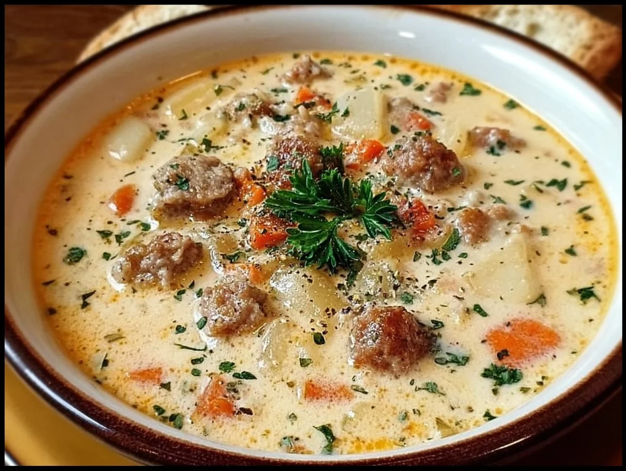 Creamy Italian Sausage Soup 1 Bowl of creamy Italian sausage soup garnished with herbs and vegetables