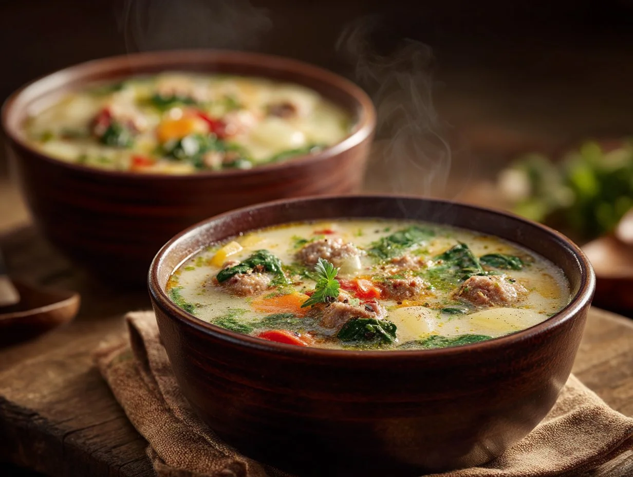 Bowl of creamy Italian sausage soup garnished with herbs and served with bread
