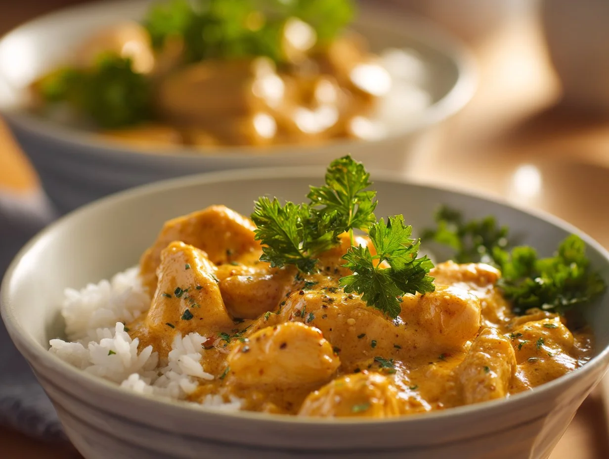 Delicious creamy smothered chicken served over rice in a bowl