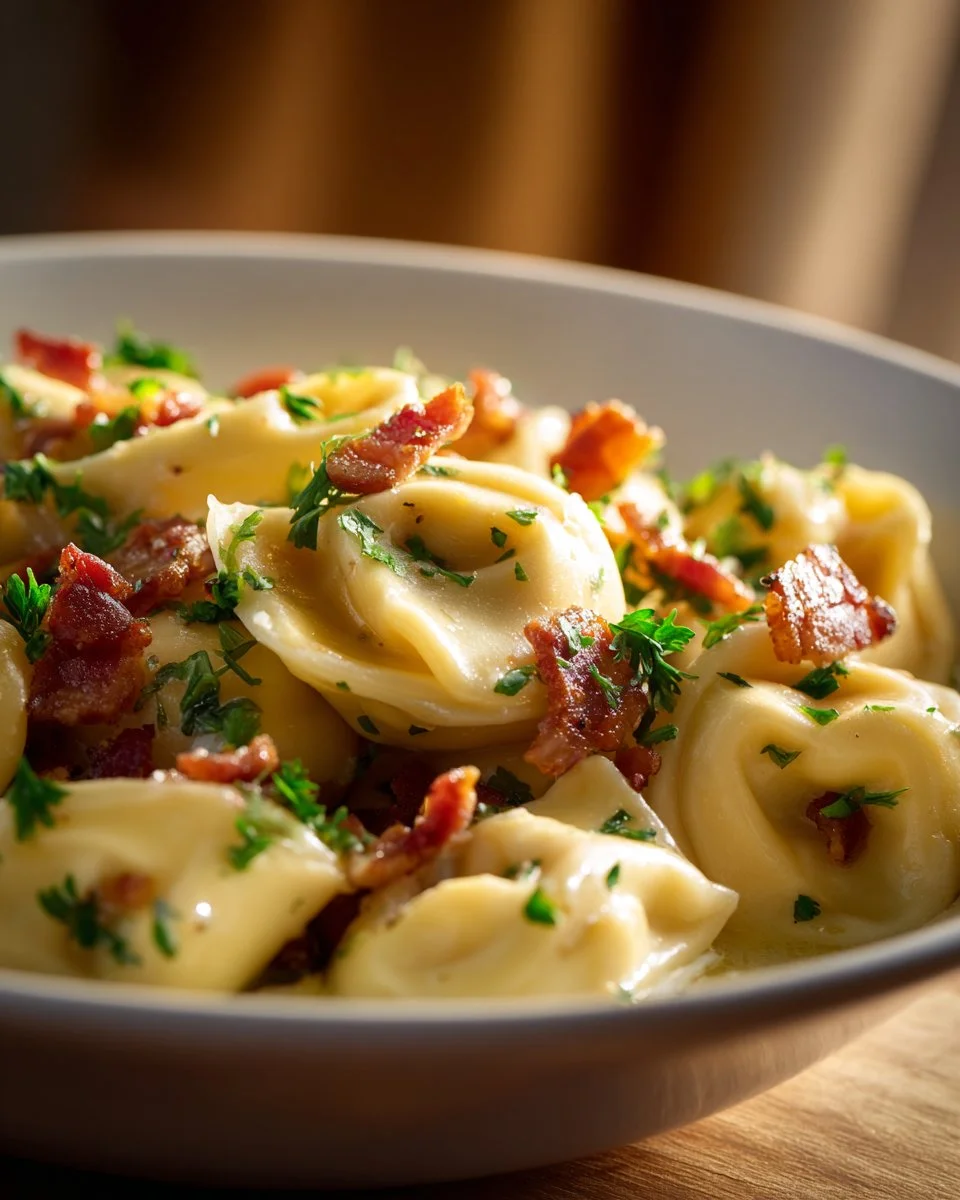 Creamy tortellini carbonara topped with crispy pancetta and parmesan cheese