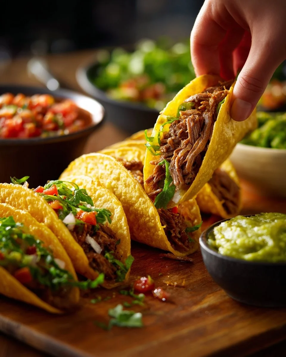 Crispy Beef Tacos 1 Crispy beef tacos filled with seasoned meat and fresh toppings