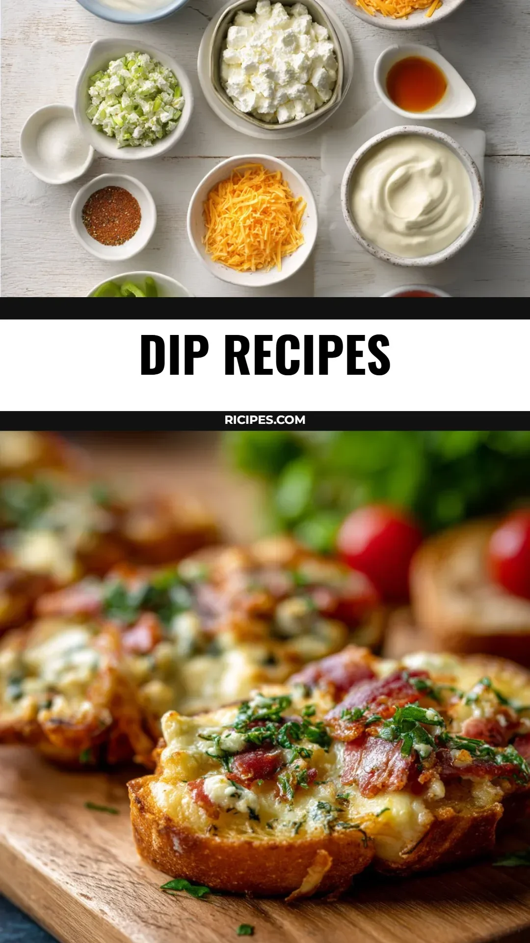 A variety of tasty dip recipes served in bowls with chips and fresh vegetables.
