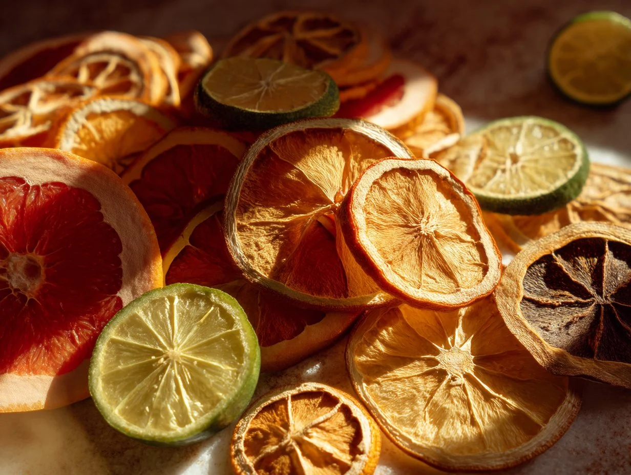 Colorful dried citrus slices for baking and snacking.