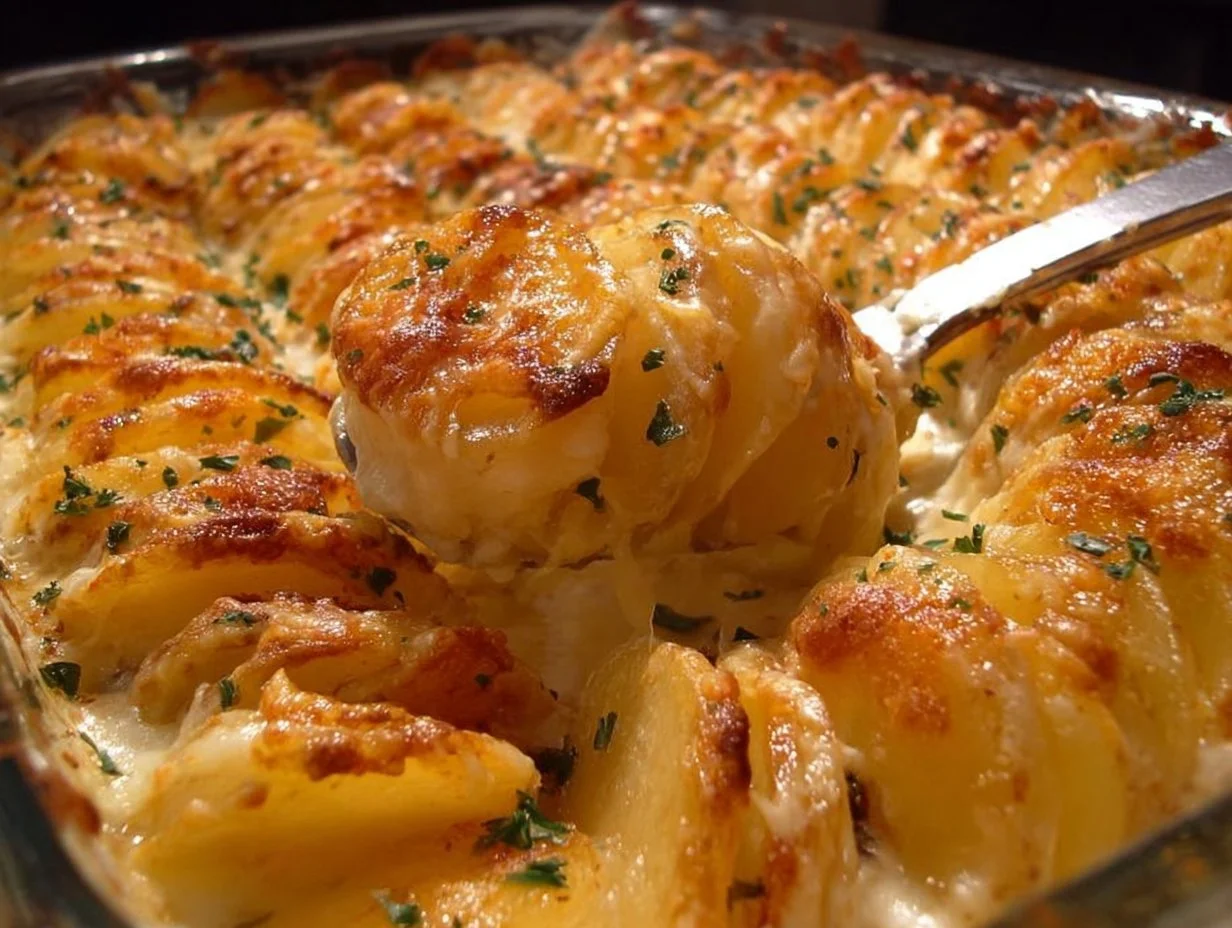 Delicious easy cheesy scalloped potatoes baked until golden and bubbly.