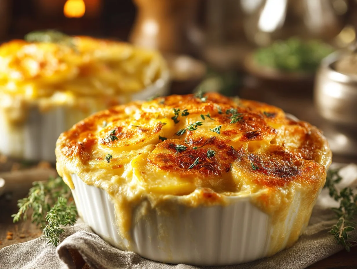 Easy cheesy scalloped potatoes baked until golden and bubbly.