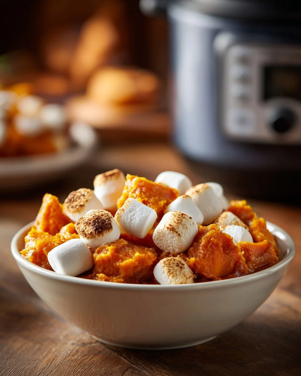 Delicious easy Crockpot sweet potatoes topped with marshmallows in a bowl.