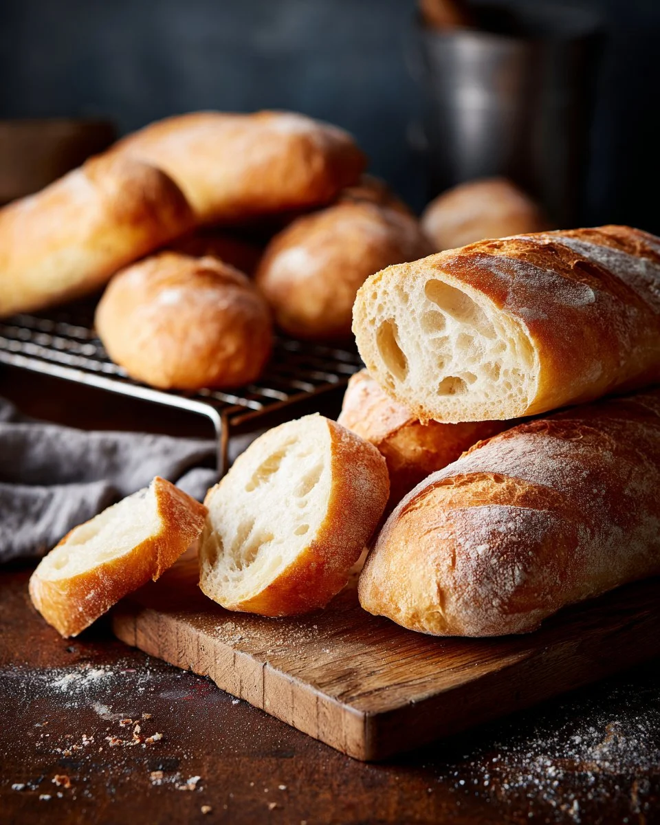 Freshly baked small batch ciabatta rolls on a wooden table