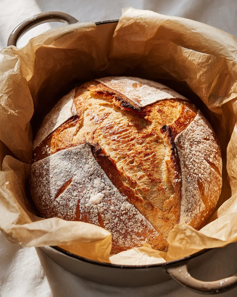 Freshly baked fail-proof sourdough bread with a golden crust