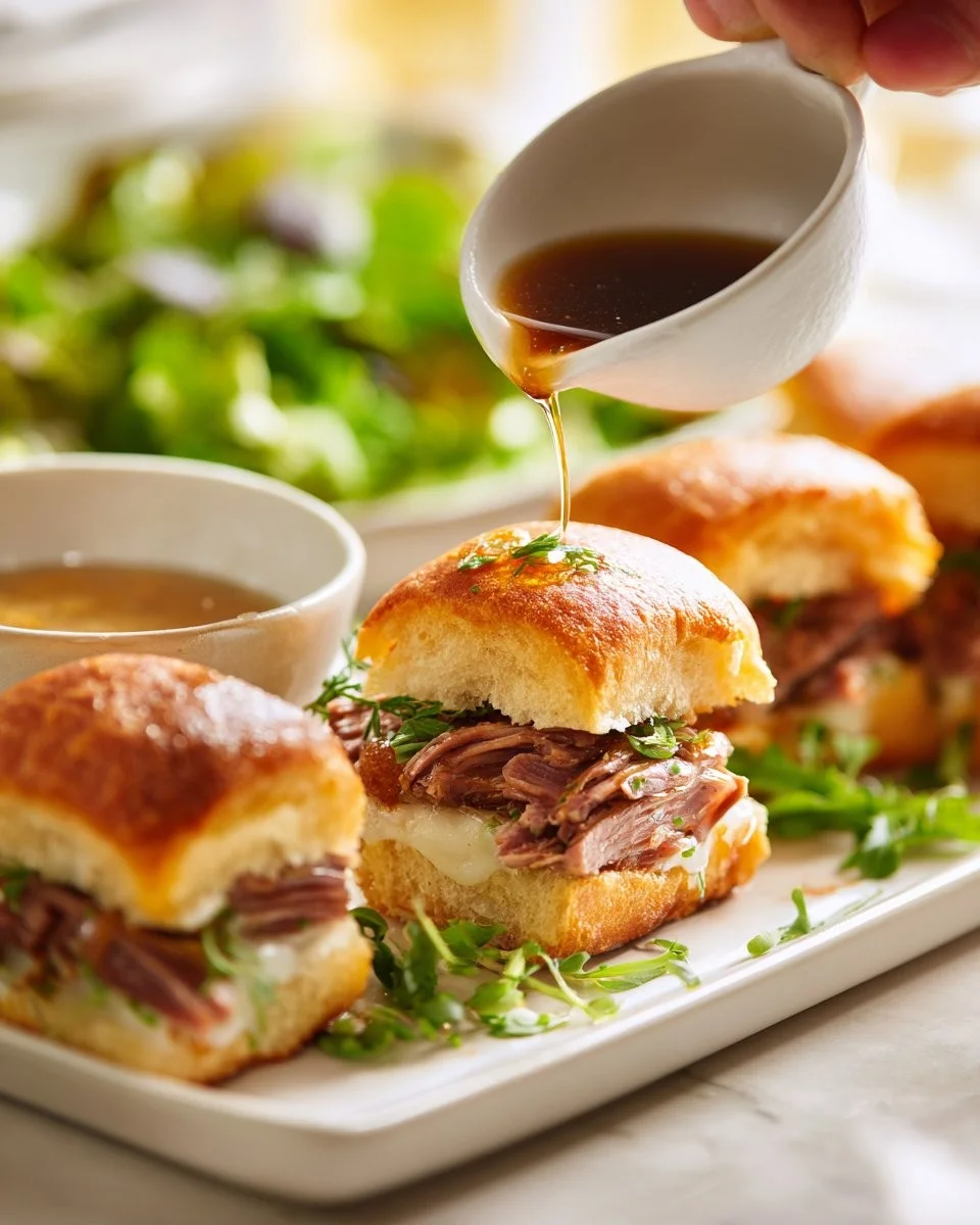 Savory French Dip Sliders served with dipping sauce on a stylish platter