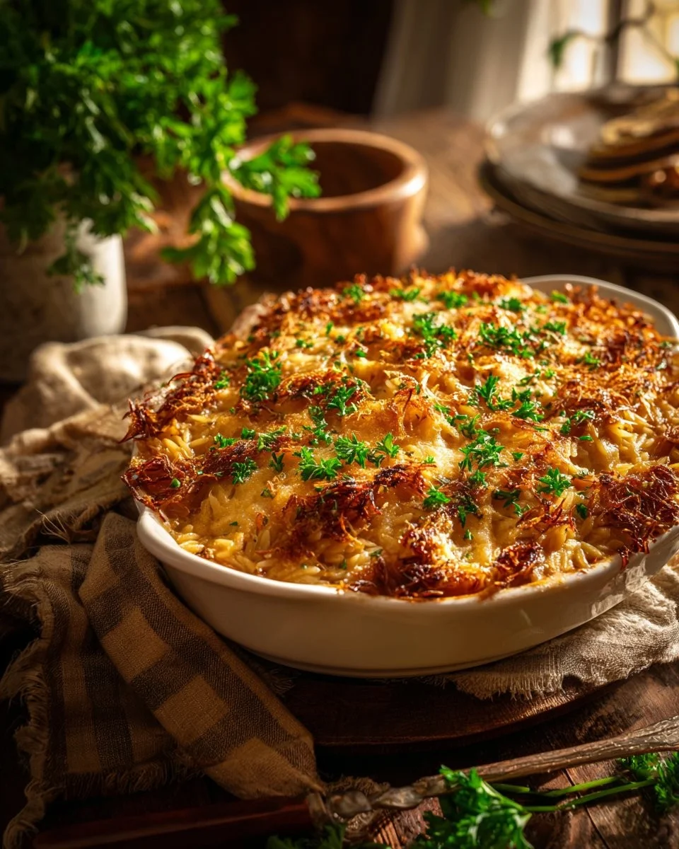 French onion chicken orzo casserole topped with melted cheese and herbs.