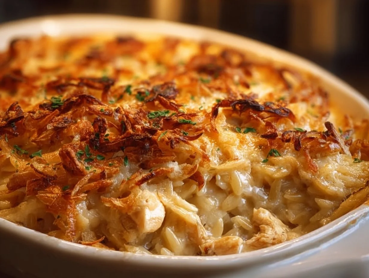 French onion chicken orzo casserole topped with melted cheese and herbs