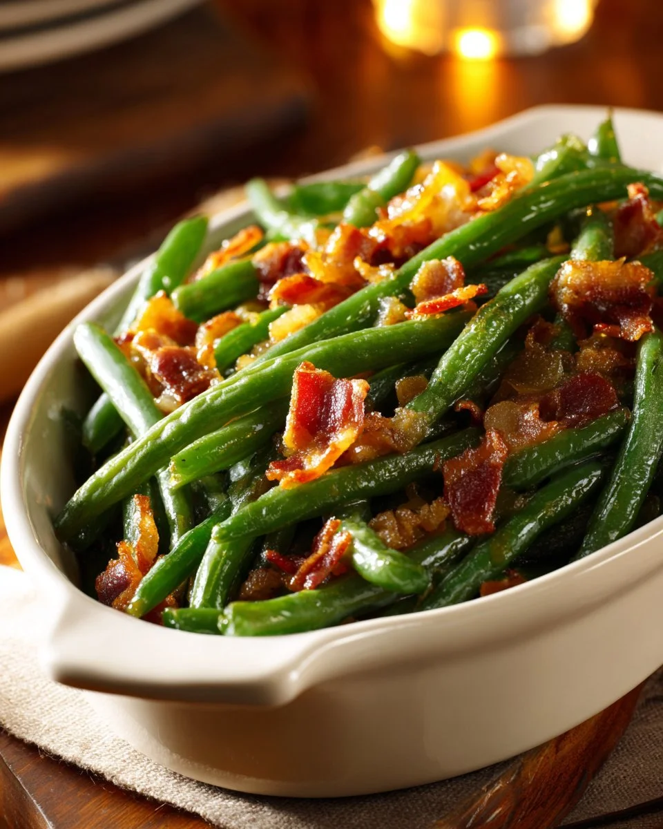 Plate of Garlic Butter Green Beans garnished with herbs.