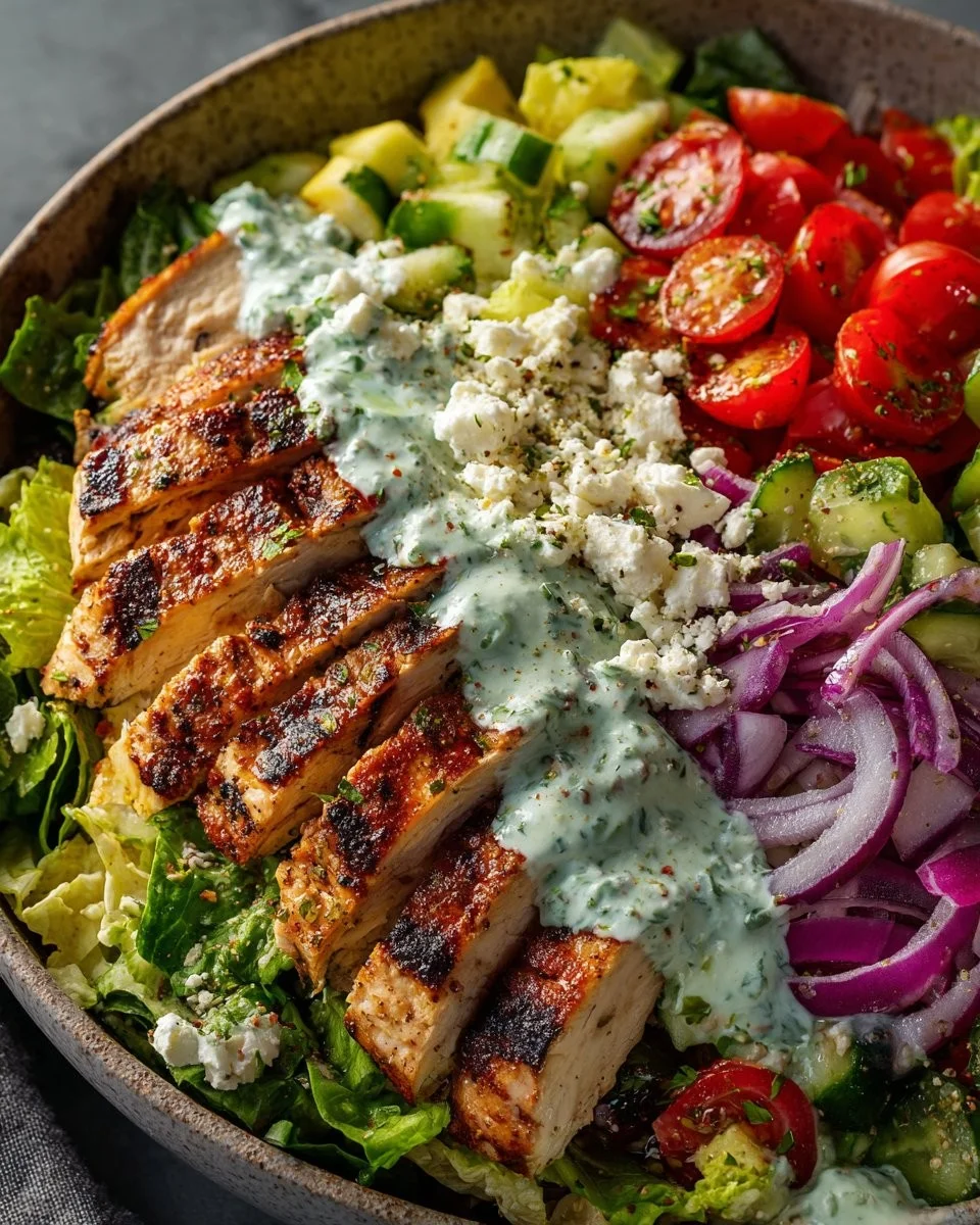 Greek Chicken Bowls 1 Delicious Greek Chicken Bowl with fresh vegetables and tzatziki sauce