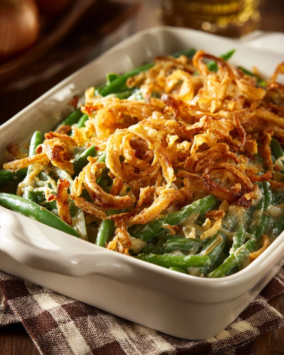 Delicious green bean casserole topped with crispy fried onions.