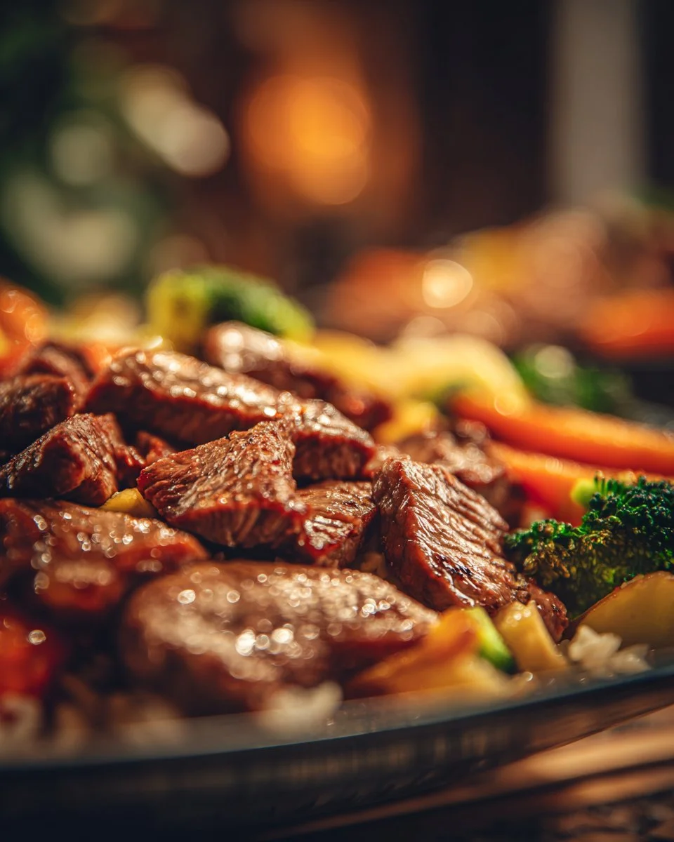 A vibrant bowl of hibachi steak with vegetables and rice