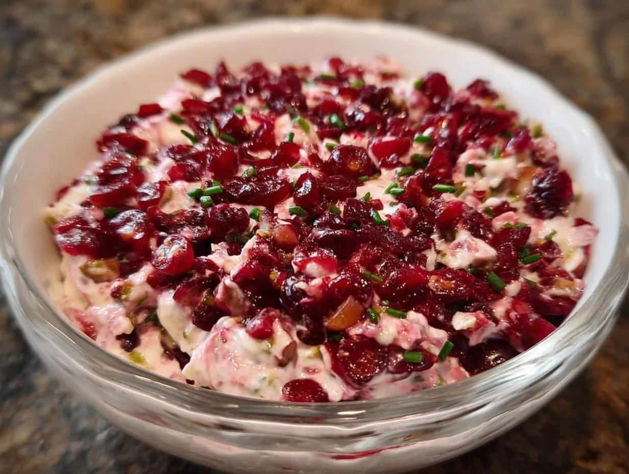 Holiday Cranberry Jalapeño Dip served in a festive bowl
