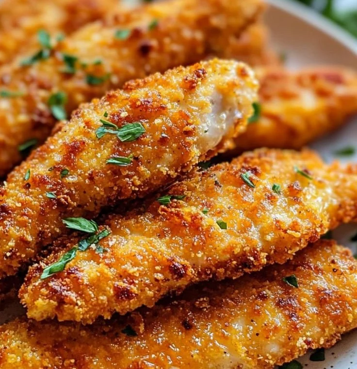 Crispy homemade baked chicken tenders on a plate