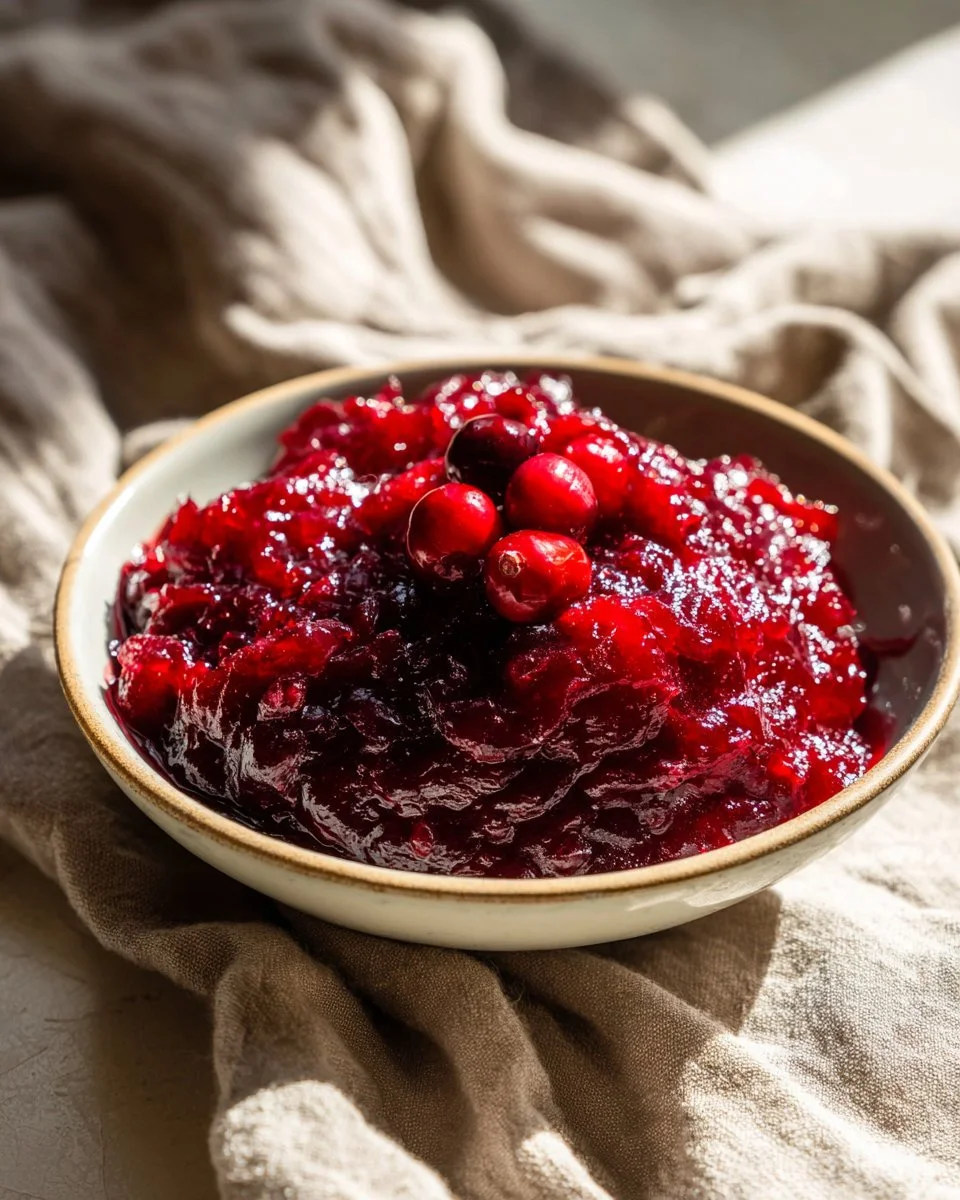 A bowl of homemade cranberry sauce made with fresh cranberries