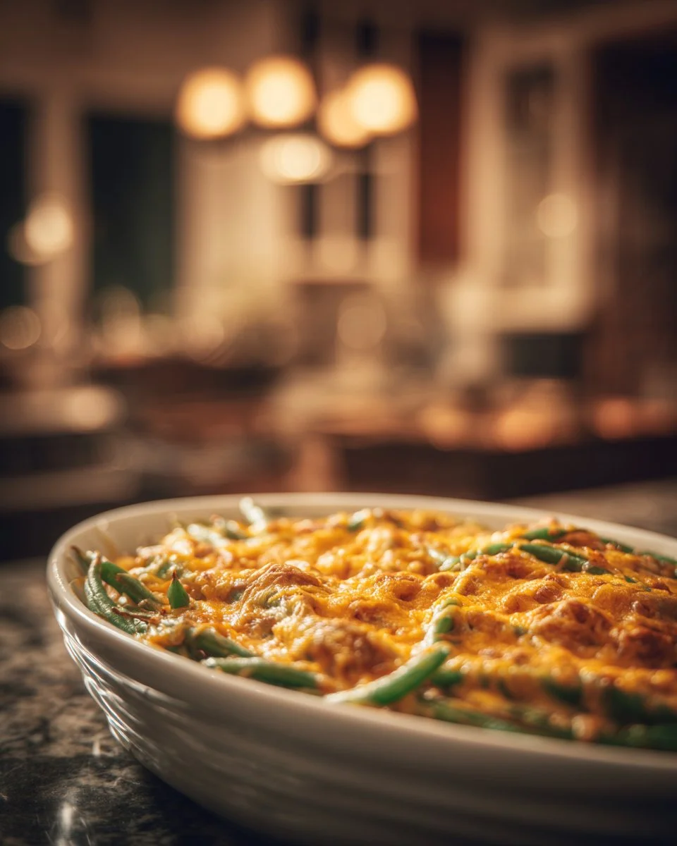 Homemade Green Bean Casserole 1 Homemade green bean casserole with crispy topping and creamy sauce