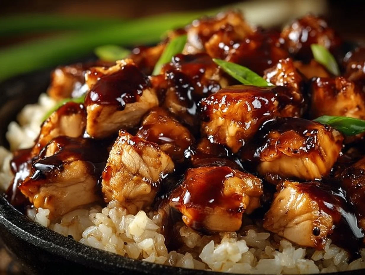 Delicious Honey BBQ Chicken served over rice with a sweet and smoky glaze.