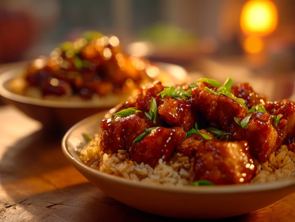 Delicious plate of Honey BBQ Chicken Rice garnished with herbs and spices