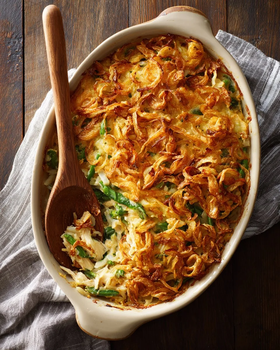 Ina Garten's delicious green bean casserole ready to serve