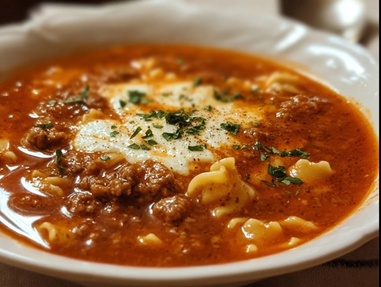 Bowl of easy lasagna soup featuring noodles, cheese, and tomato sauce