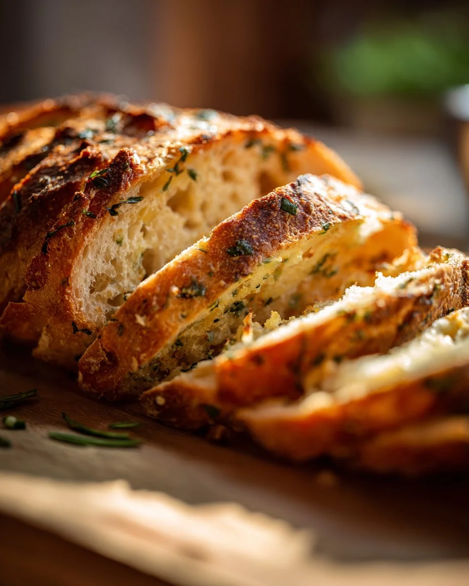 Loaf of Italian Herbs and Cheese Artisan Sourdough Bread fresh out of the oven.