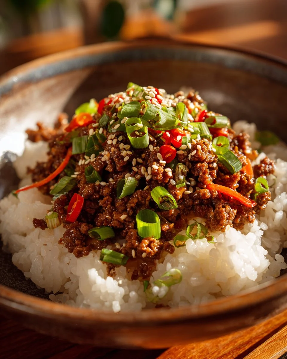 Delicious Korean Ground Beef Bowl garnished with green onions and sesame seeds