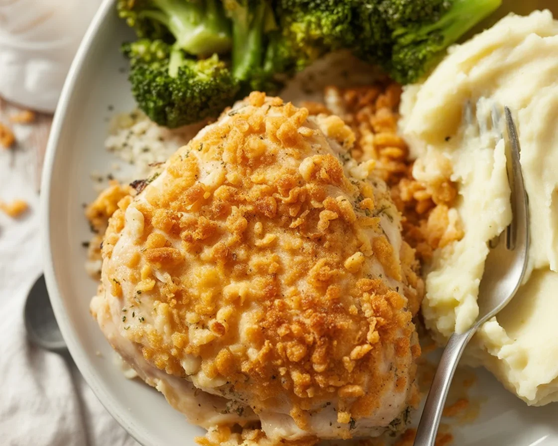 A delicious plate of Longhorn Parmesan Crusted Chicken, featuring a crispy Parmesan crust and creamy sauce.