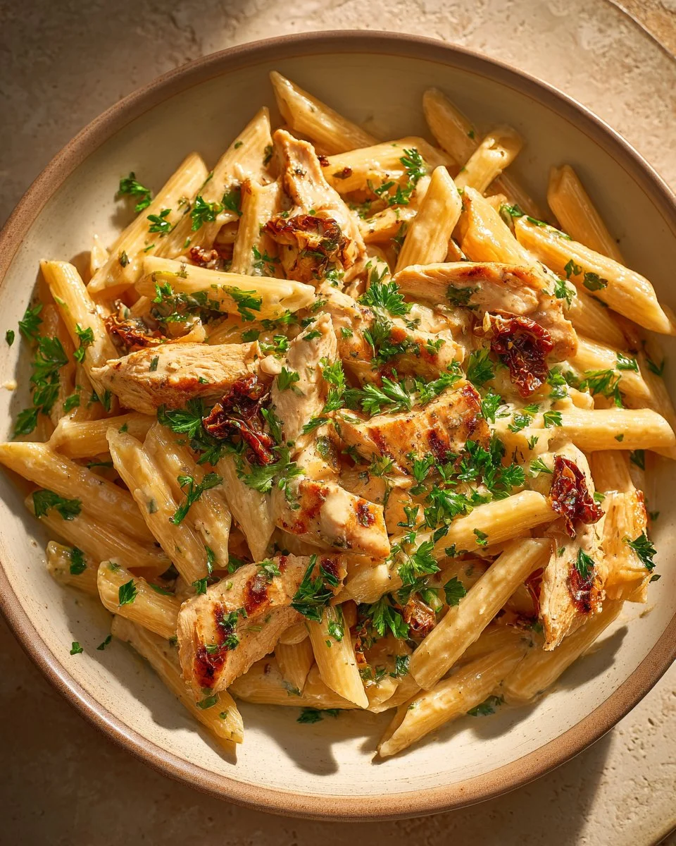 Marry Me Chicken Pasta 1 Plate of Marry Me Chicken Pasta garnished with herbs and cheese.
