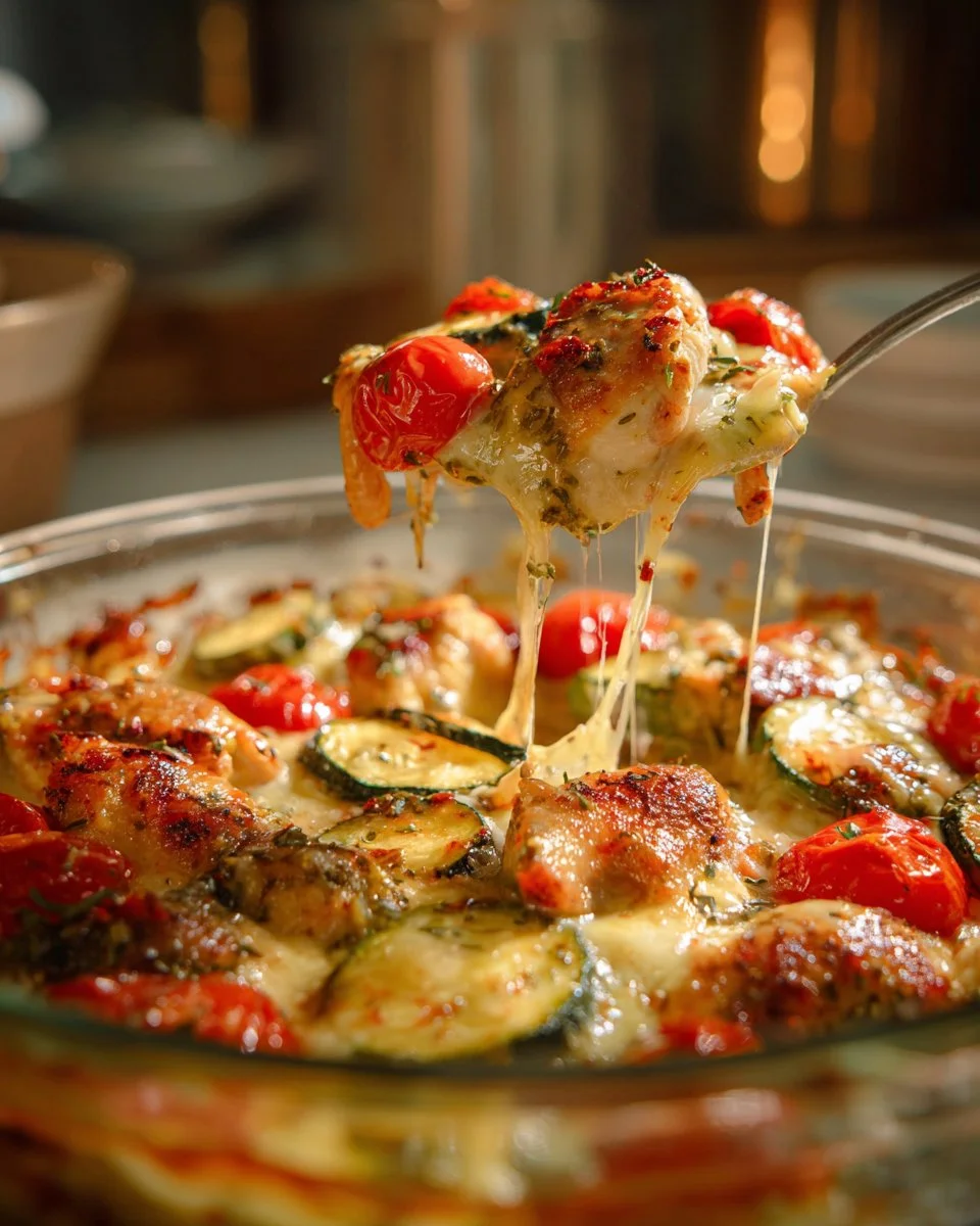 Mediterranean Chicken Zucchini Bake dish served in a colorful plate