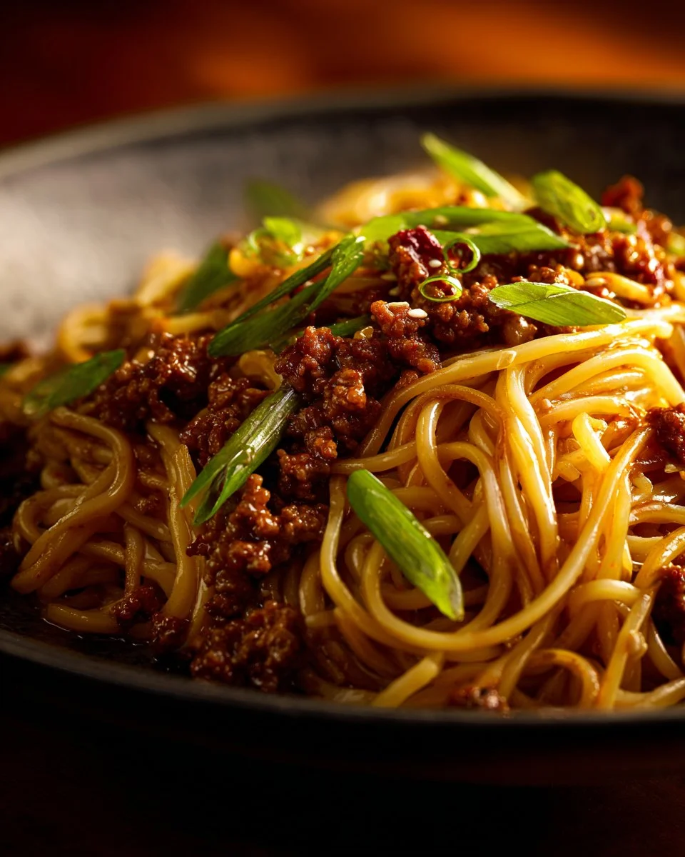 Delicious plate of Mongolian Ground Beef Noodles garnished with vegetables