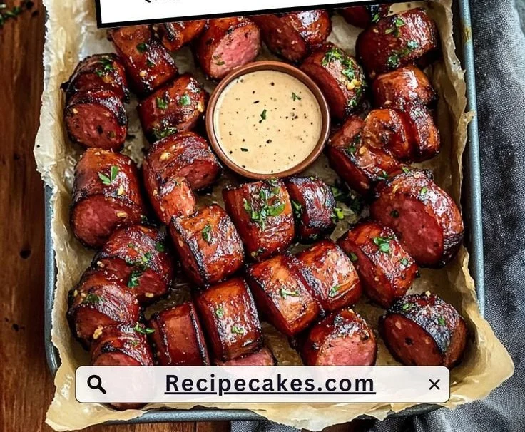 Mustard Hasselback Kielbasa Bites served on a platter with dipping sauces