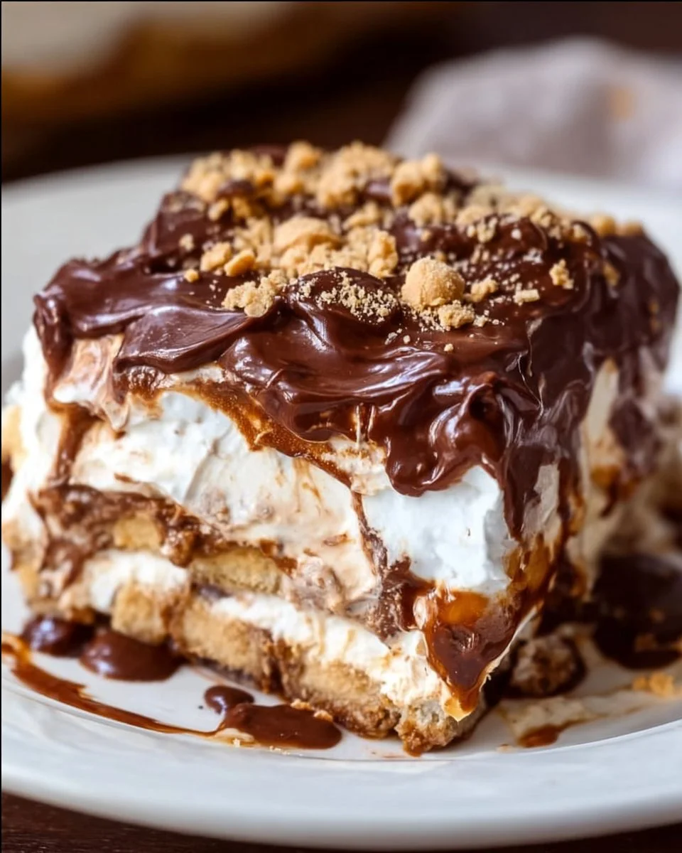 No Bake Peanut Butter Chocolate Lasagna 1 No Bake Peanut Butter Chocolate Lasagna dessert layered with creamy chocolate and peanut butter