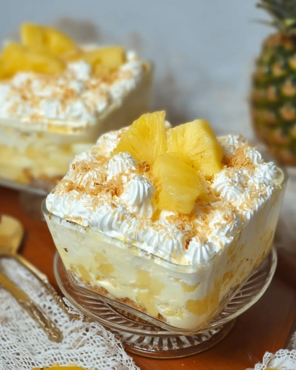 Delicious no-bake pineapple dessert served in a glass bowl