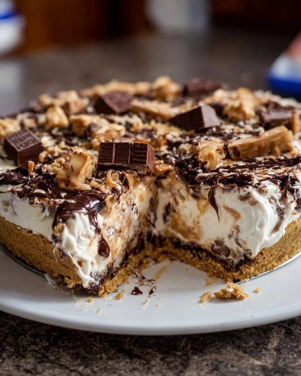 Delicious No Bake Snickers Pie topped with caramel and peanuts