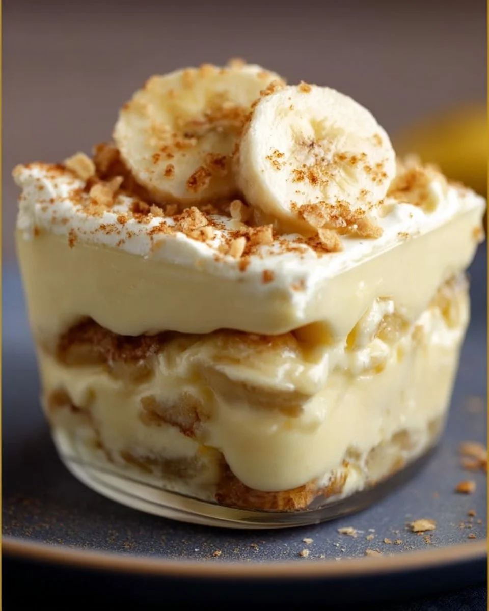 Delicious old-fashioned homemade banana pudding served in a bowl with whipped cream.