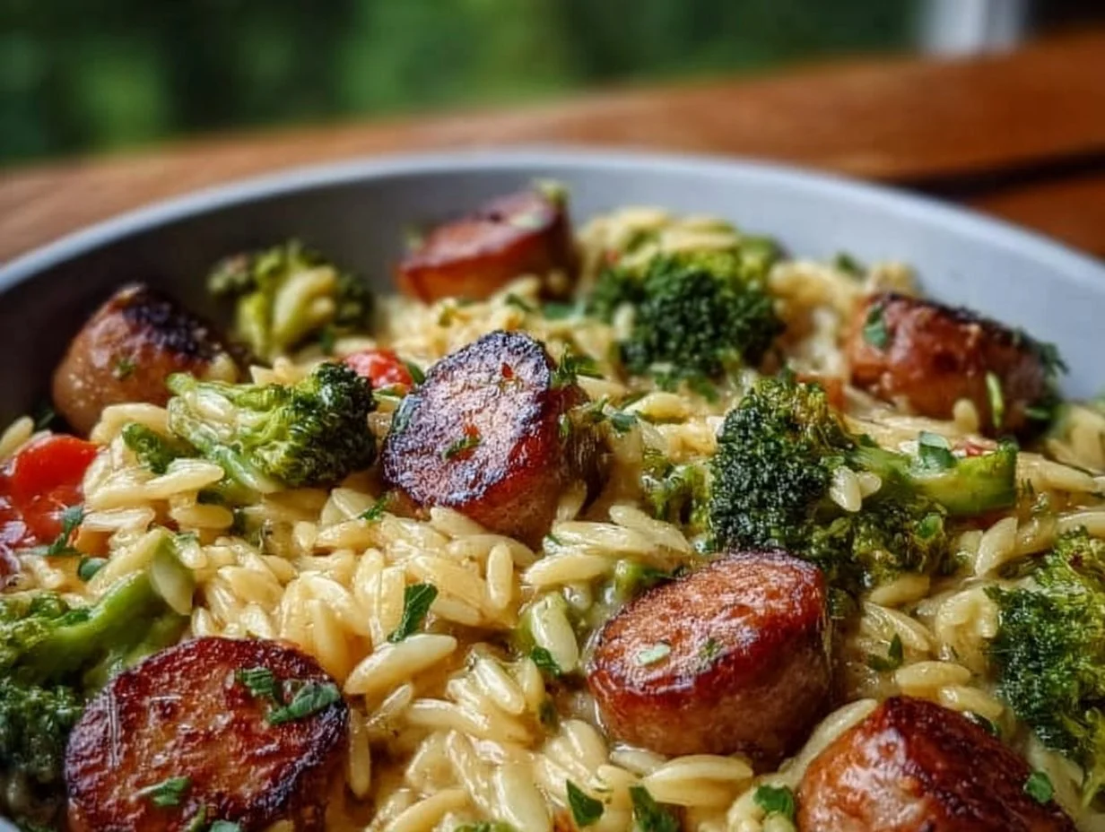 One-Pan Creamy Orzo with Chicken Sausage and Broccoli 1 One-Pan Creamy Orzo with Chicken Sausage and Broccoli dish ready to serve
