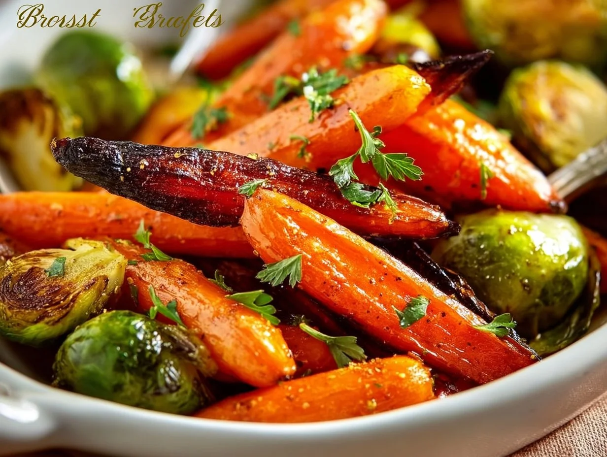 Paleo maple glazed carrots and Brussels sprouts served in a bowl