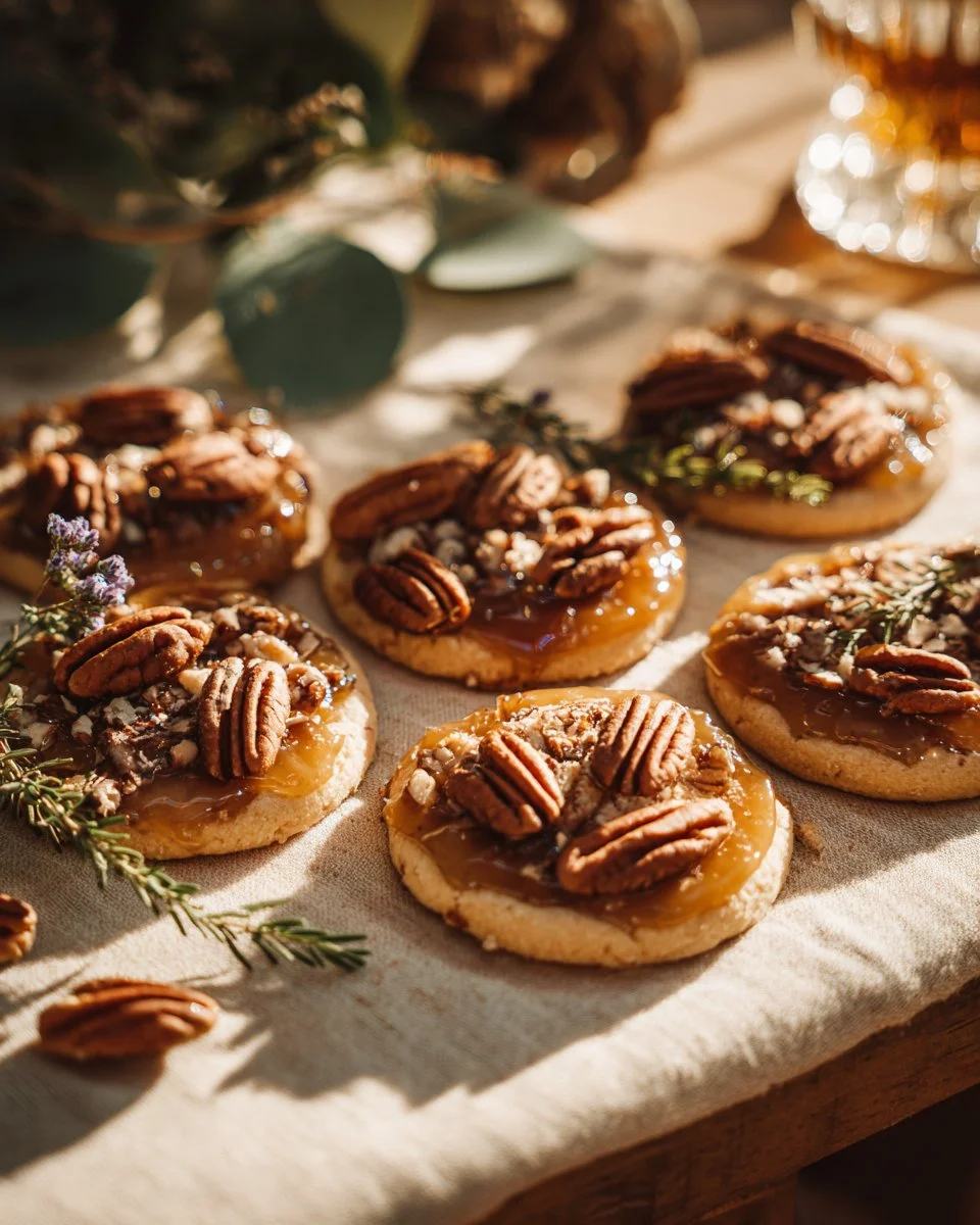 Pecan pie cookies with a crunchy topping and rich filling on a wooden plate.