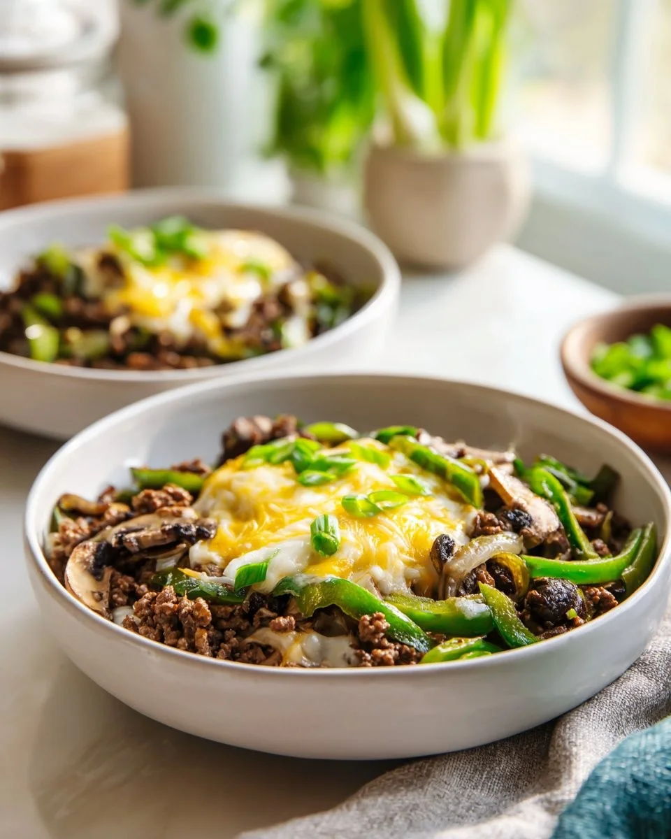 Philly Cheesesteak Bowls – Easy Low-Carb Dinner Idea 1 Delicious Philly Cheesesteak Bowl with peppers and cheese, low-carb meal option.