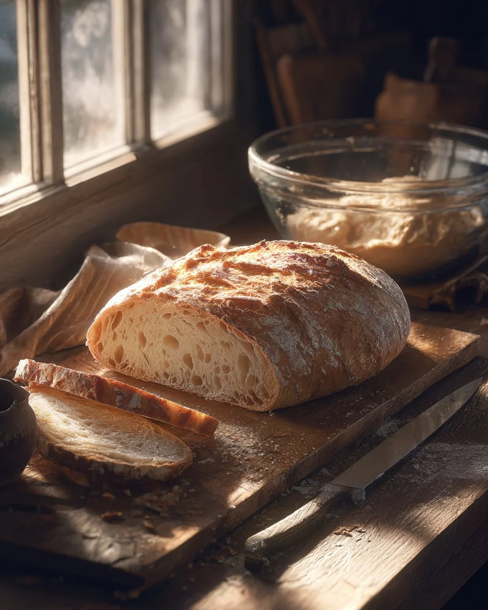 Freshly baked sourdough bread on a wooden cutting board
