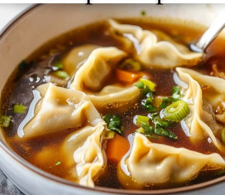 Delicious homemade potsticker soup with dumplings in a rich broth